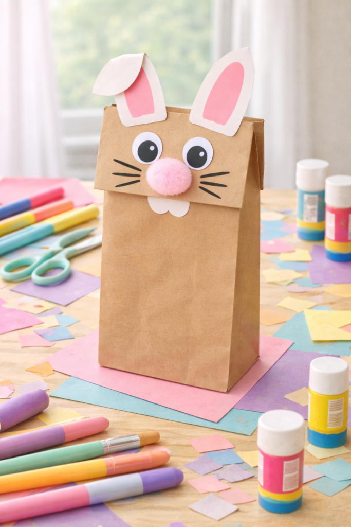 Easter bunny puppet on craft table