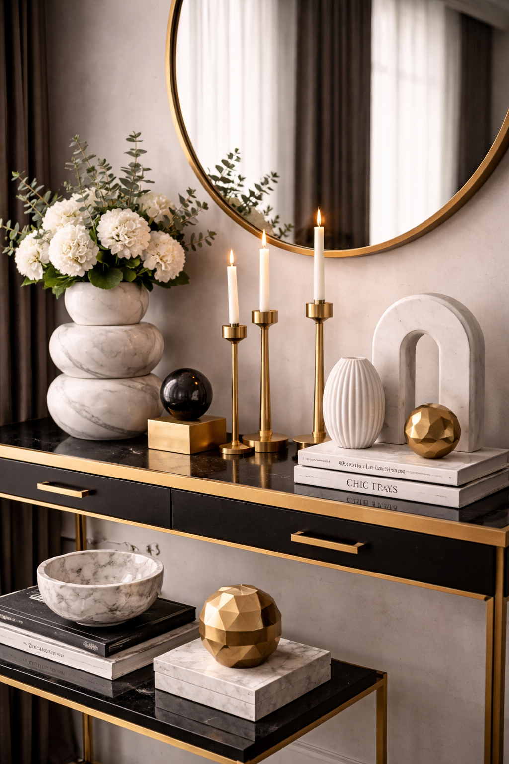 Neo-Deco console styled with sculptural marble vessels, geometric objects, and brass candlestick holders in a modern glamorous vignette