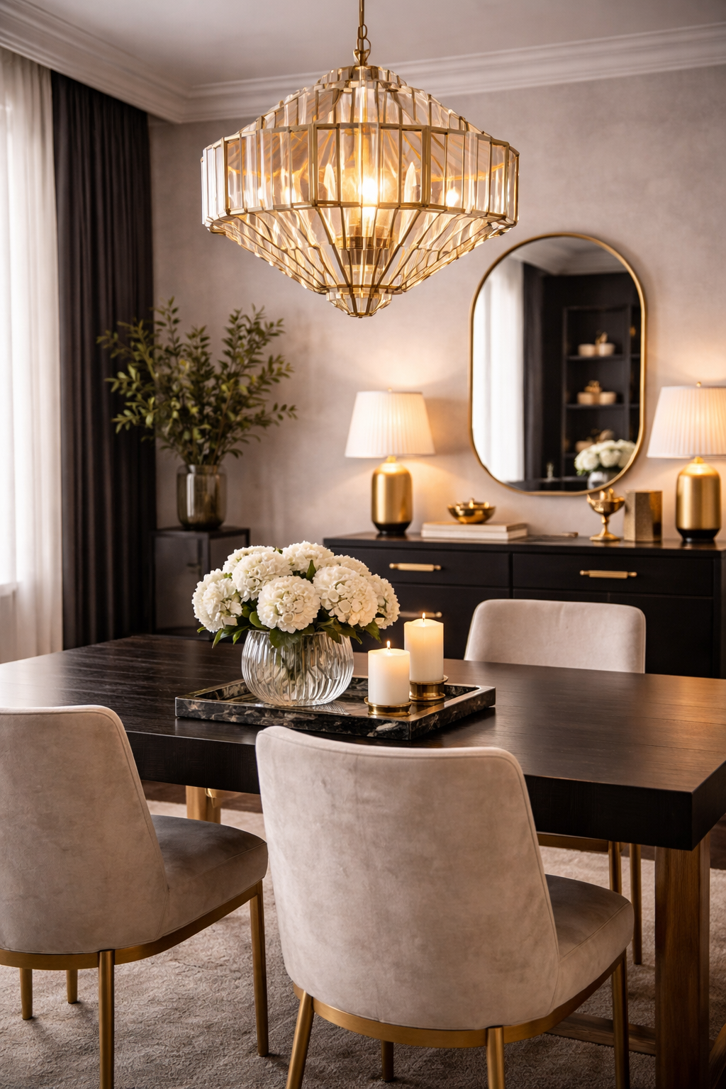 Modern dining room with a geometric brass Art Deco pendant light over a dark dining table in a Neo-Deco glamorous interior