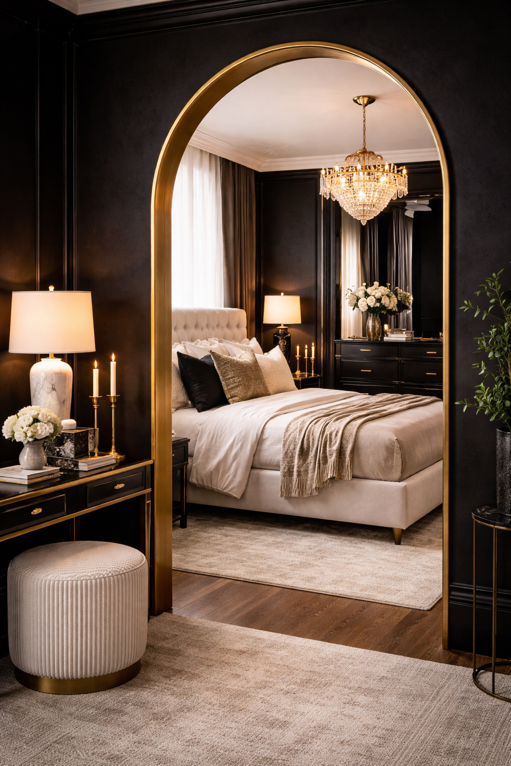 Neo-Deco bedroom with an arch-shaped mirror in black and gold in a glamorous contemporary modern interior