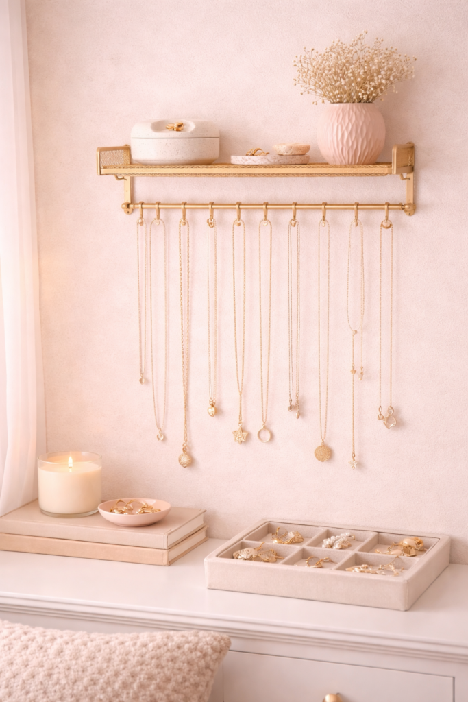 Elegant gold jewelry display setup