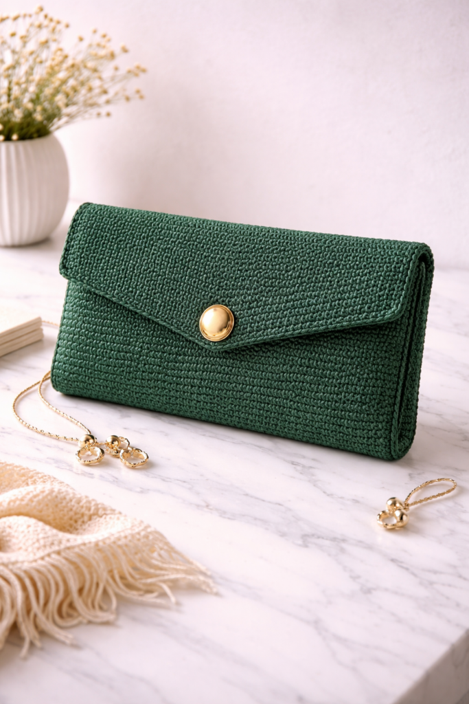 Elegant green crochet clutch on marble