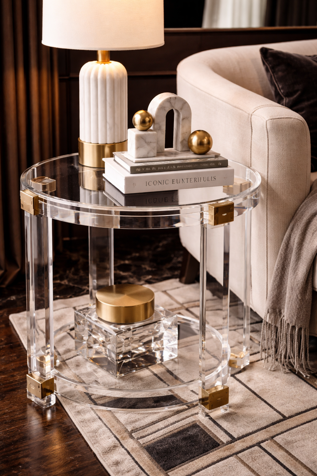 Neo-Deco interior with lucite acrylic side table paired with brass and marble objects in a modern glamorous transparent glam styling