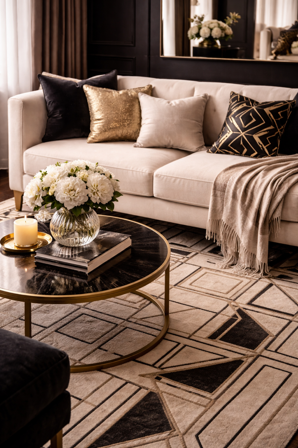 Neo-Deco interior with a geometric patterned rug in black and gold layered with velvet throw pillows in a glamorous modern styled room
