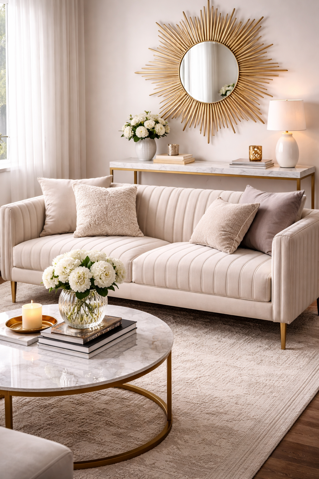 Fluted cream velvet sofa with brass legs in a modern Neo-Deco living room with textured glamorous styling