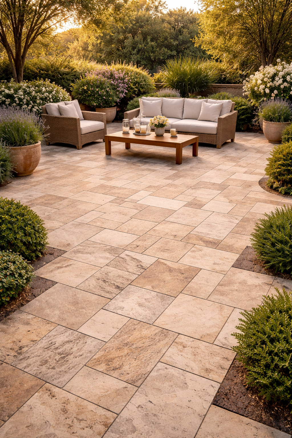 Elegant outdoor patio with wicker seating