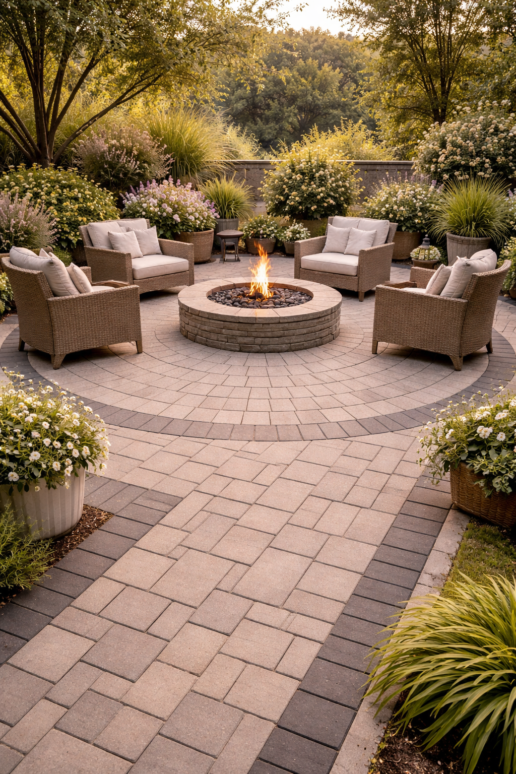 Elegant patio with stone fire pit
