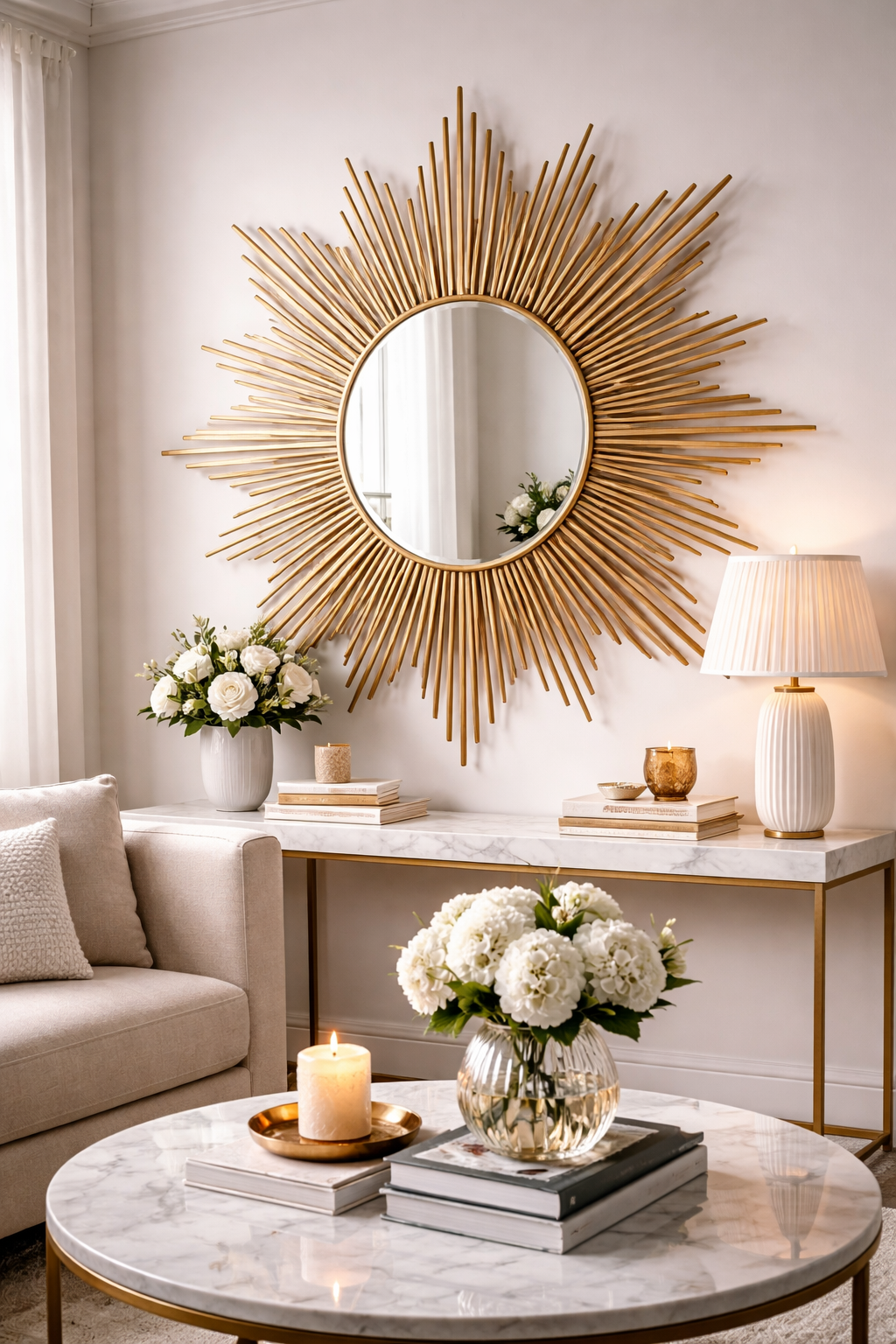 Large geometric brass sunburst mirror on a white wall in a modern Neo-Deco interior with contemporary glam styling -Neo-Deco Decor Ideas