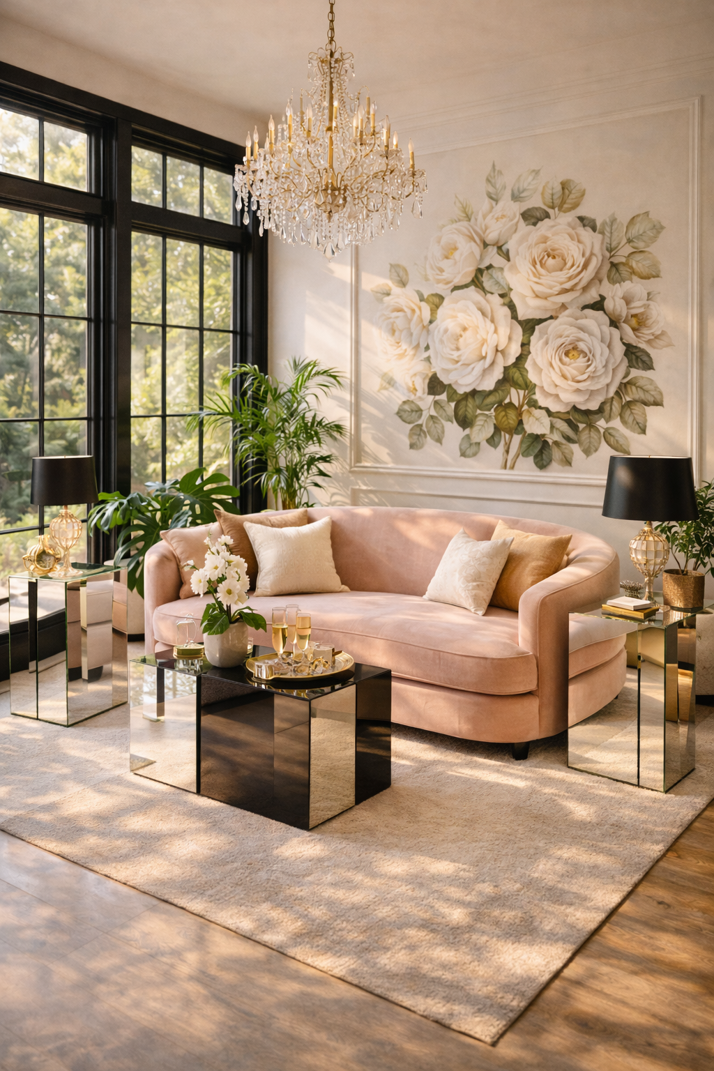 Elegant sunroom with blush velvet sofa