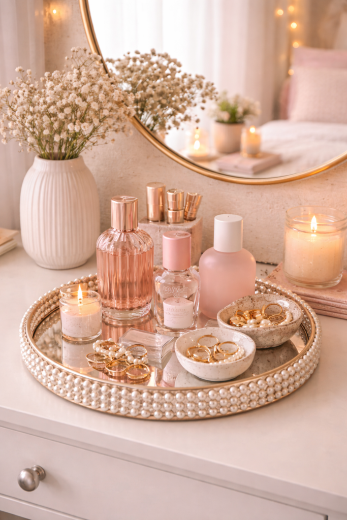 Elegant vanity tray with perfumes and jewelry