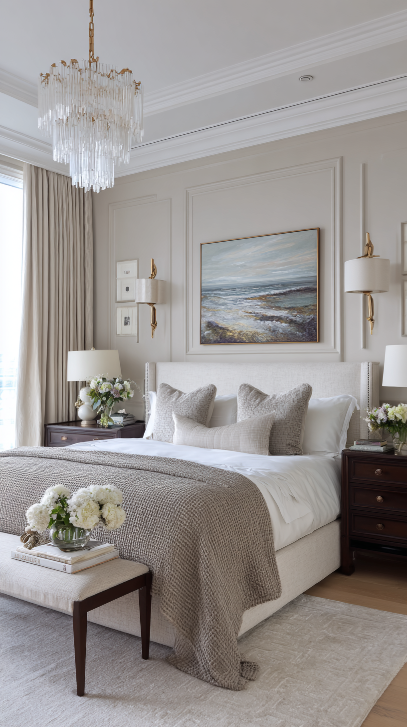 Parisian guest bedroom with picture frame molding, antiqued mirror, marble table, and elegant neutral bedding