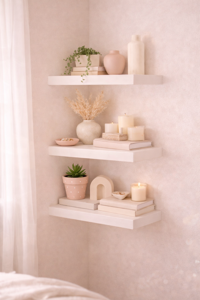 Floating shelves with neutral decor