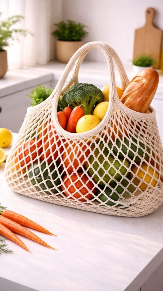 Fresh produce in a crochet net bag
