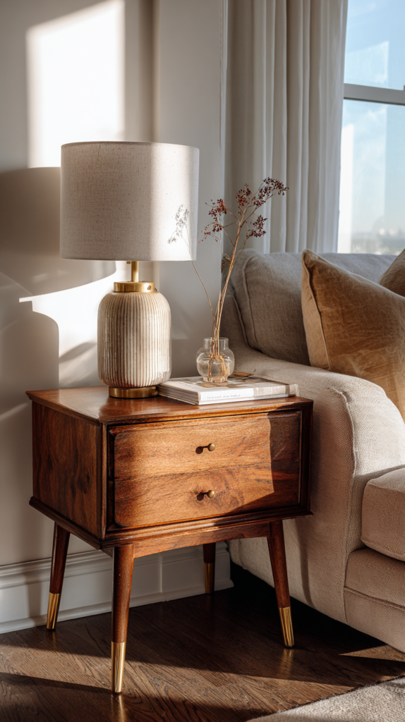 Refinished walnut stain thrift flip side table styled beside a linen sofa with curated home decor