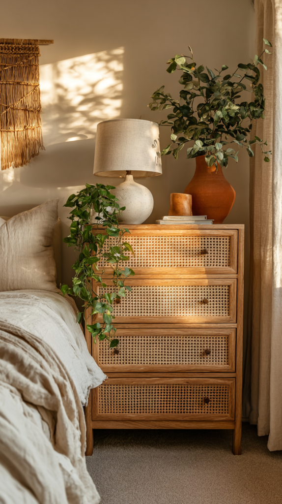 Cane webbing dresser styled as focal point in a boho modern bedroom with warm natural light