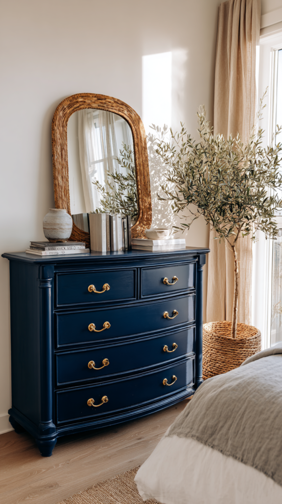 Bold navy blue painted dresser with brass hardware styled as hero piece in a bright editorial bedroom