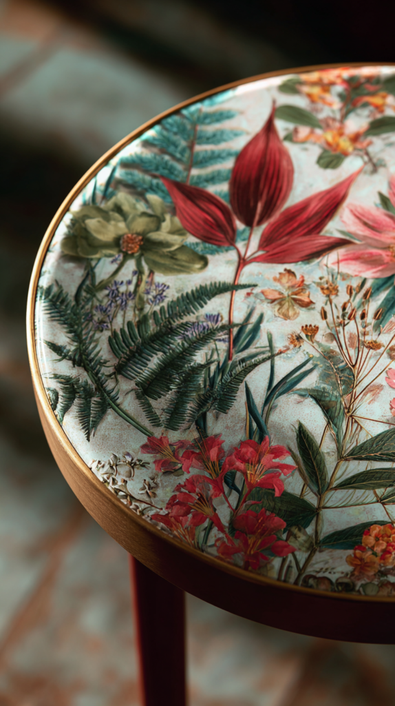 Decoupage botanical print side table styled as hero piece in a bright eclectic living room