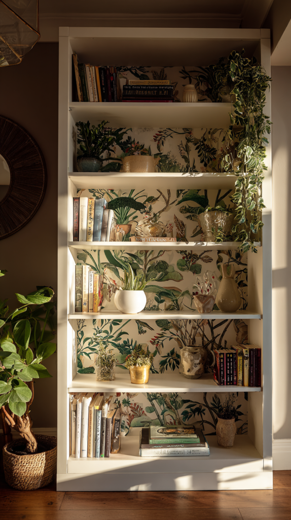 Open bookcase with bold botanical wallpaper interior styled as hero piece in a bright living room