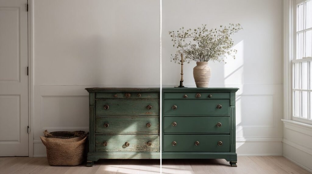 Fully transformed green chalk painted dresser styled in a bright airy bedroom with curated home decor
