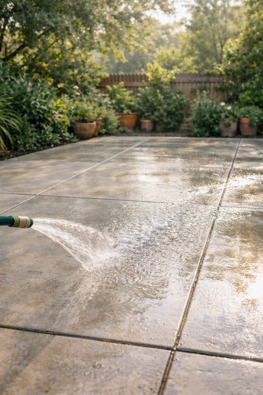 Garden hose watering a sunny patio