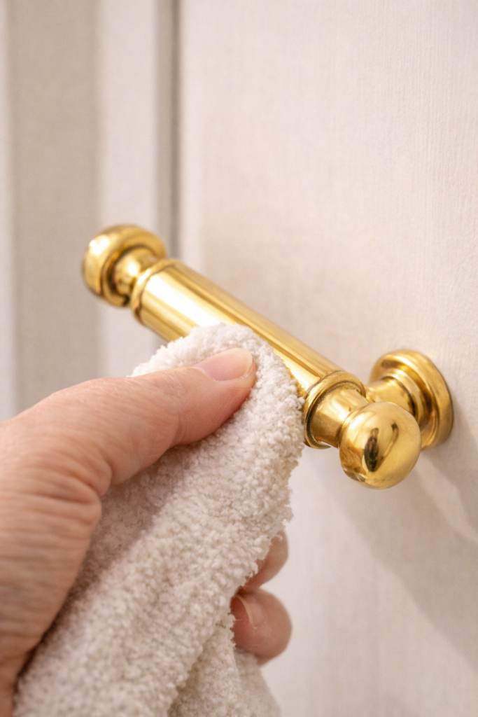 Gently cleaning brass plated cabinet hardware with a soft microfiber cloth