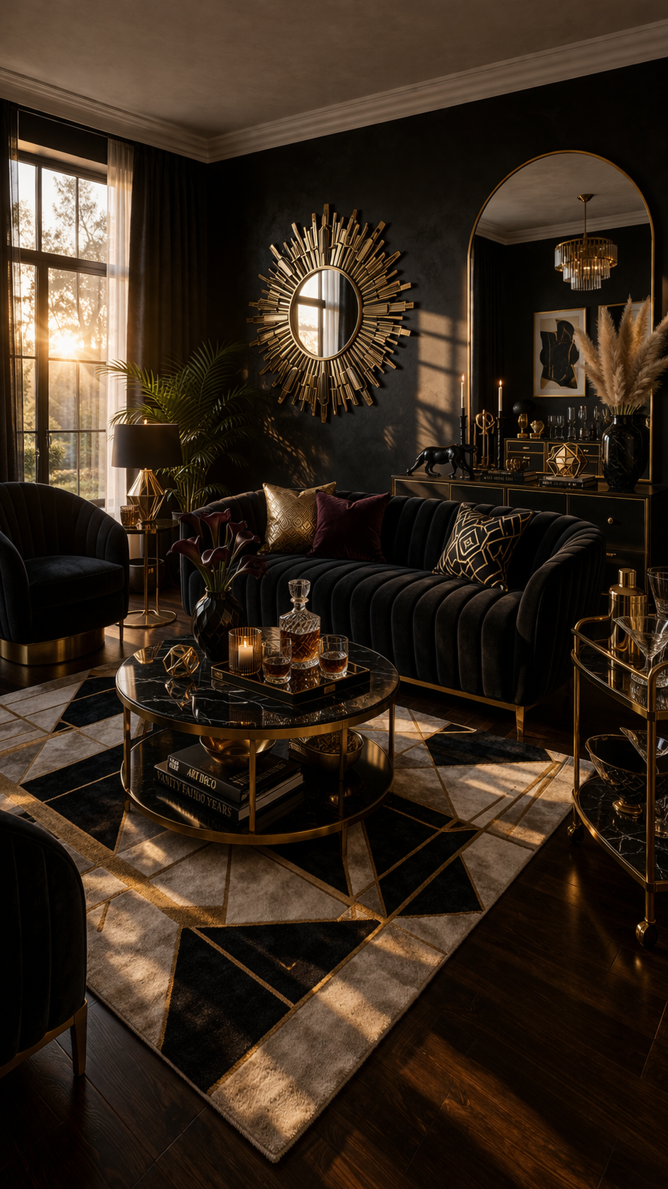 Complete Neo-Deco interior at golden hour with geometric brass mirror, fluted velvet sofa, black and gold palette, and geometric rug