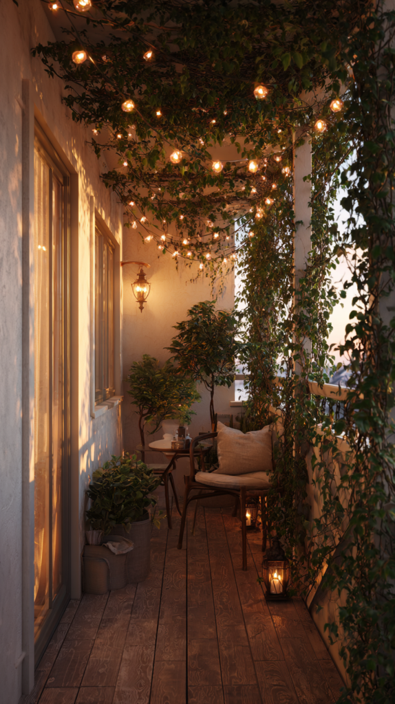 String lights woven through climbing jasmine on a small balcony trellis at golden hour, cozy renter-friendly balcony garden atmosphere