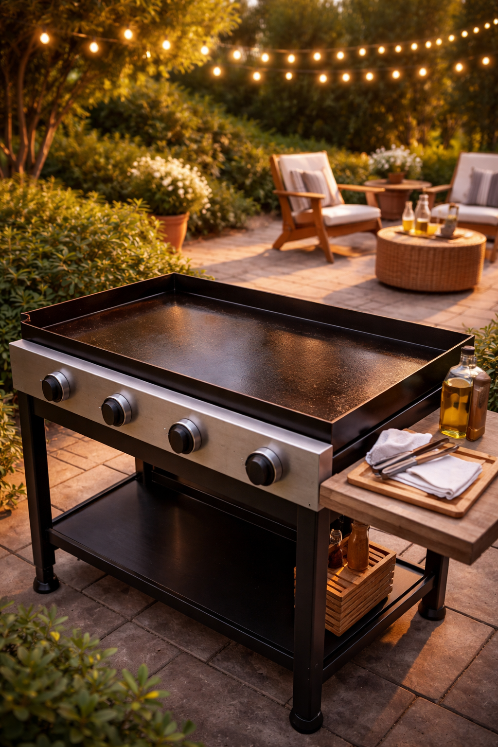 Clean Blackstone griddle as centerpiece of beautiful backyard outdoor entertaining setup
