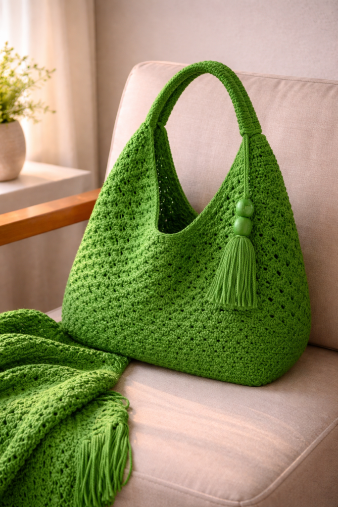 Green crochet hobo bag on chair