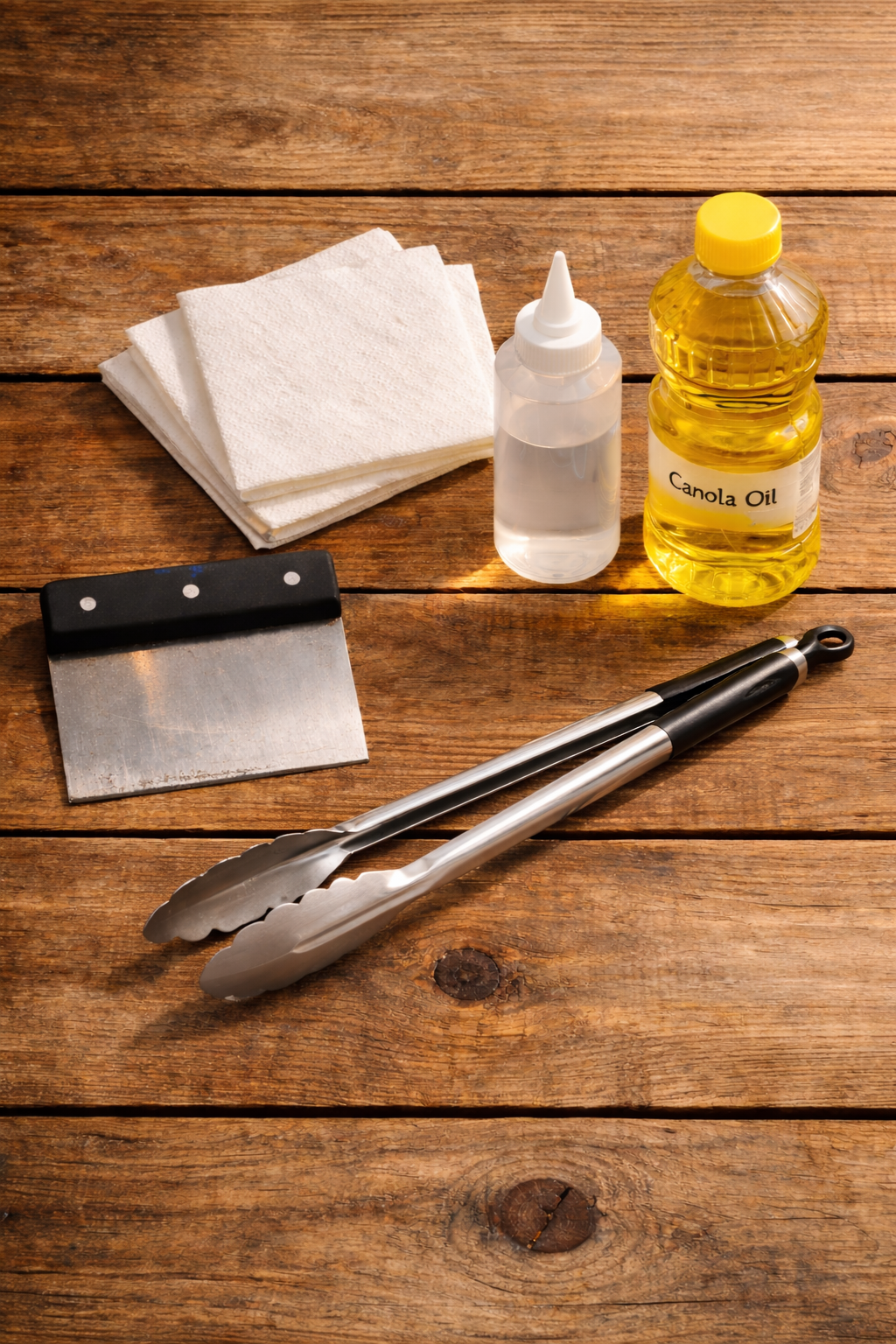 Grilling tools on a wooden surface