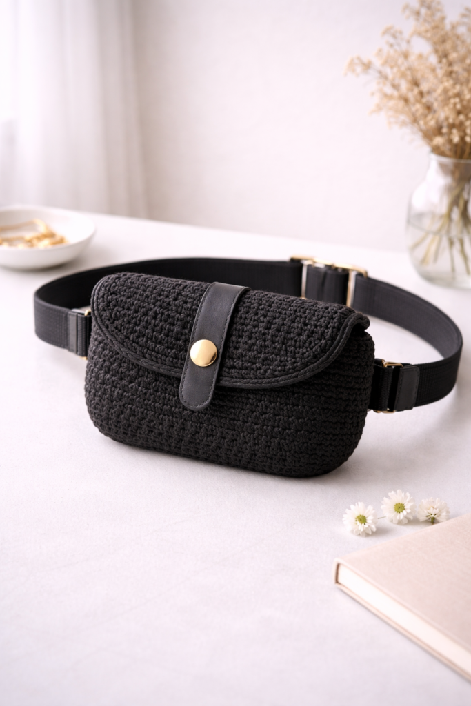 Handcrafted black crochet belt bag