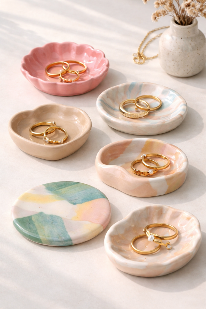 Handcrafted clay dishes with gold rings