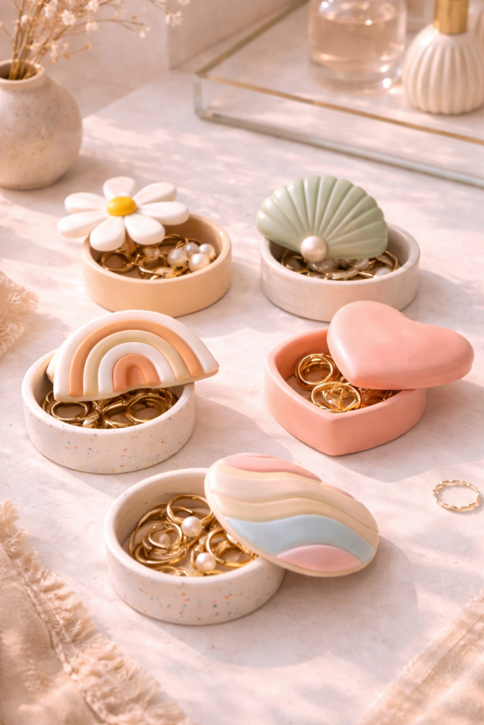 Handcrafted clay trinket boxes display