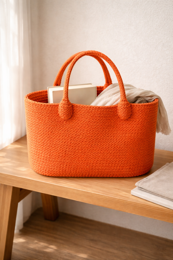 Handcrafted orange tote on wooden bench