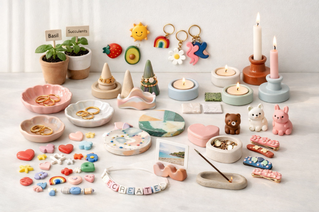 Handmade clay creations in soft hues