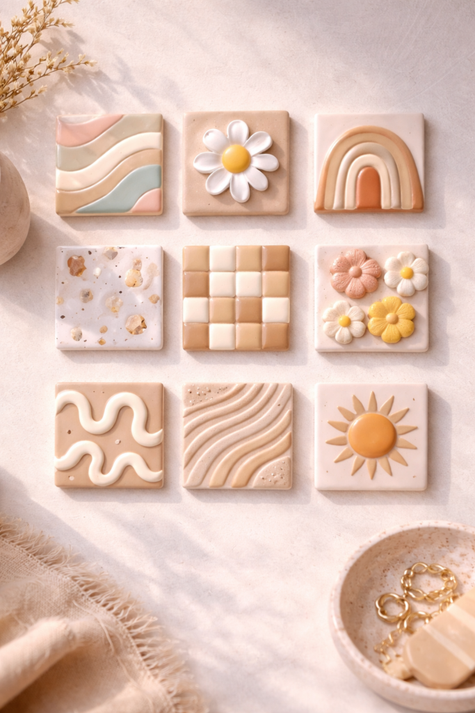 Handmade clay tiles with textured designs