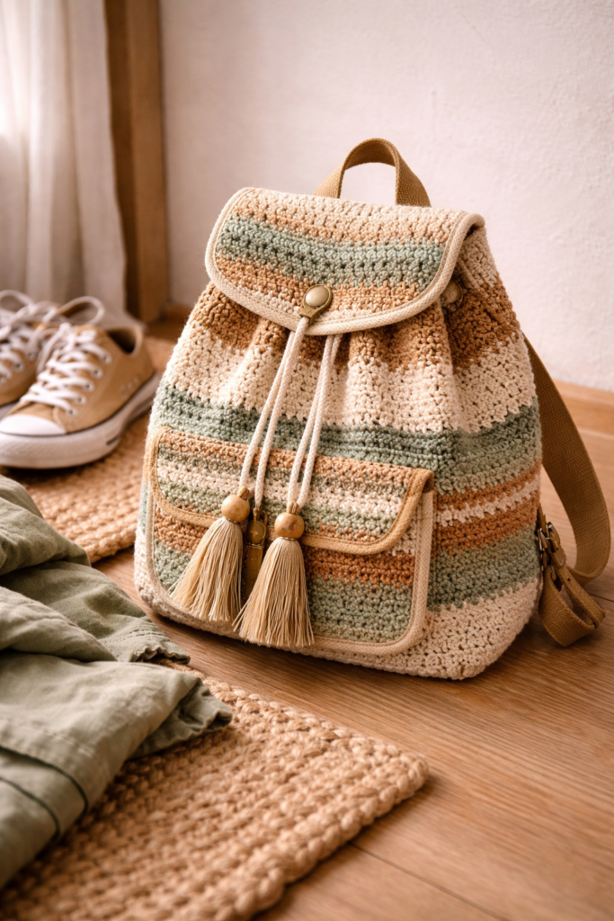 Handmade crochet backpack on wooden floor