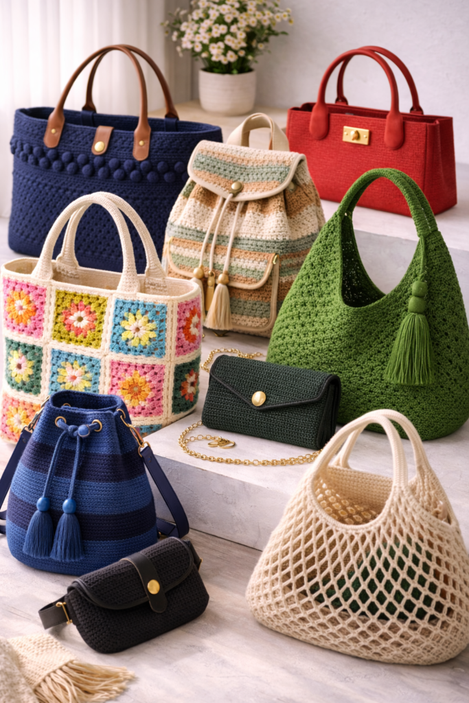 Handmade crochet bags on display