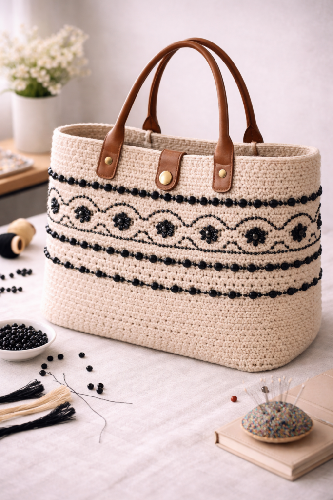 Handmade crochet tote with bead details