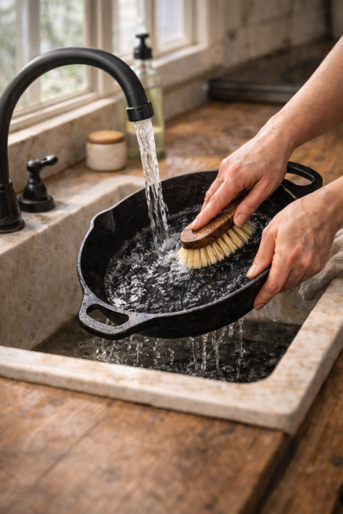 Hands scrubbing a warm cast iron skillet with a stiff bristle brush under running water at a farmhouse sink.