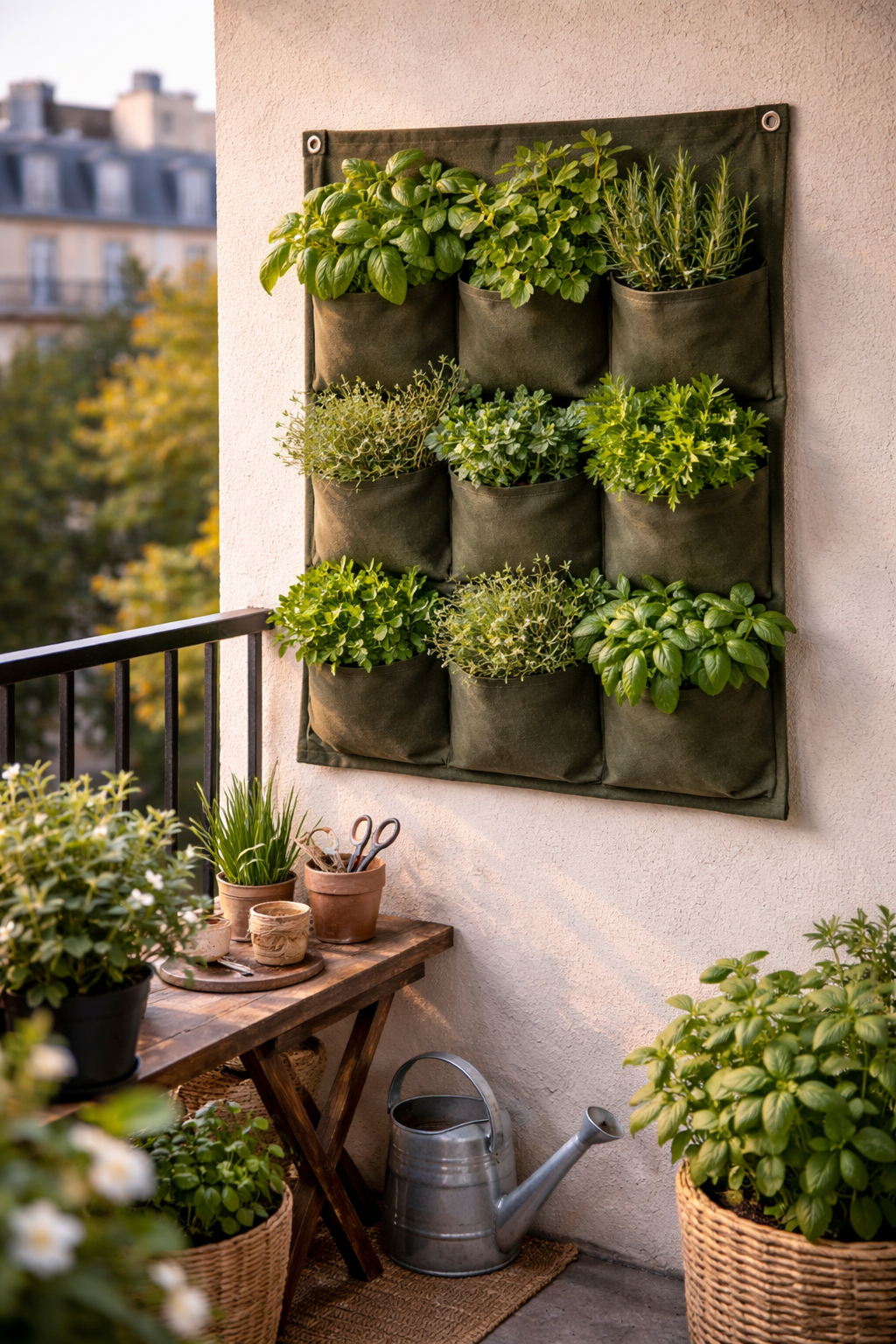 Small apartment balcony wall with a vertical fabric pocket planter filled with fresh herbs mounted on the wall with an urban backdrop