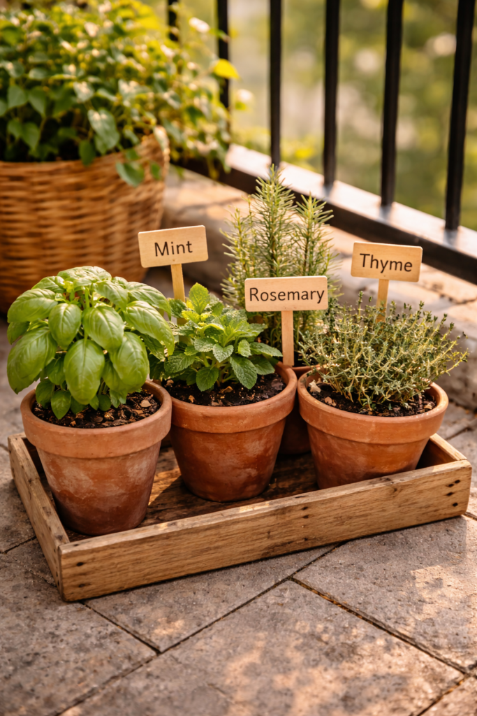 Compact herb garden in small terracotta pots on a balcony with basil, mint, rosemary, and thyme on a wooden tray, editorial home decor photography.