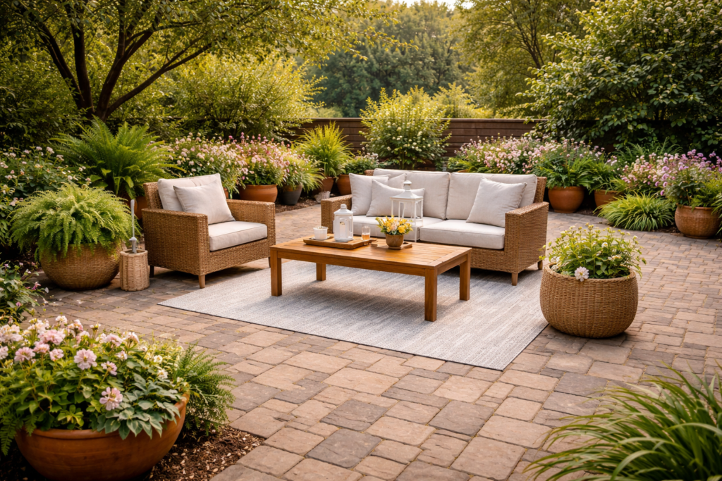 Inviting backyard patio with lush greenery