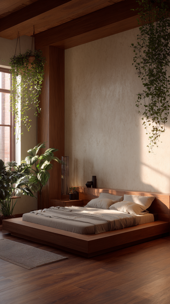 Japandi-inspired bedroom with a very low wooden platform bed close to the floor, clean sight lines to the ceiling making the room feel tall, trailing pothos plant in the corner, floor-level lamp beside the bed, warm neutral tones throughout, minimal and airy bedroom design, editorial interior photography, highly detailed, photorealistic, magazine-quality styling