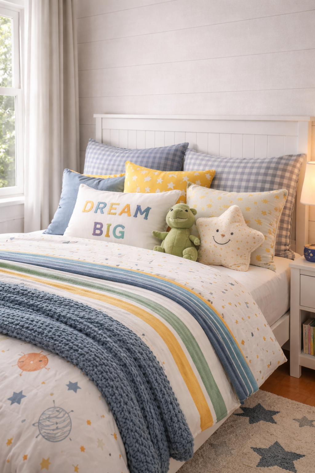 Kids bedroom bed with colorful layered bedding and mix of patterned coordinating throw pillows