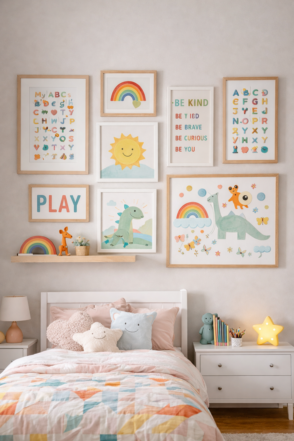 Kids bedroom gallery wall with colorful framed prints, child's artwork, and alphabet posters in mixed frames