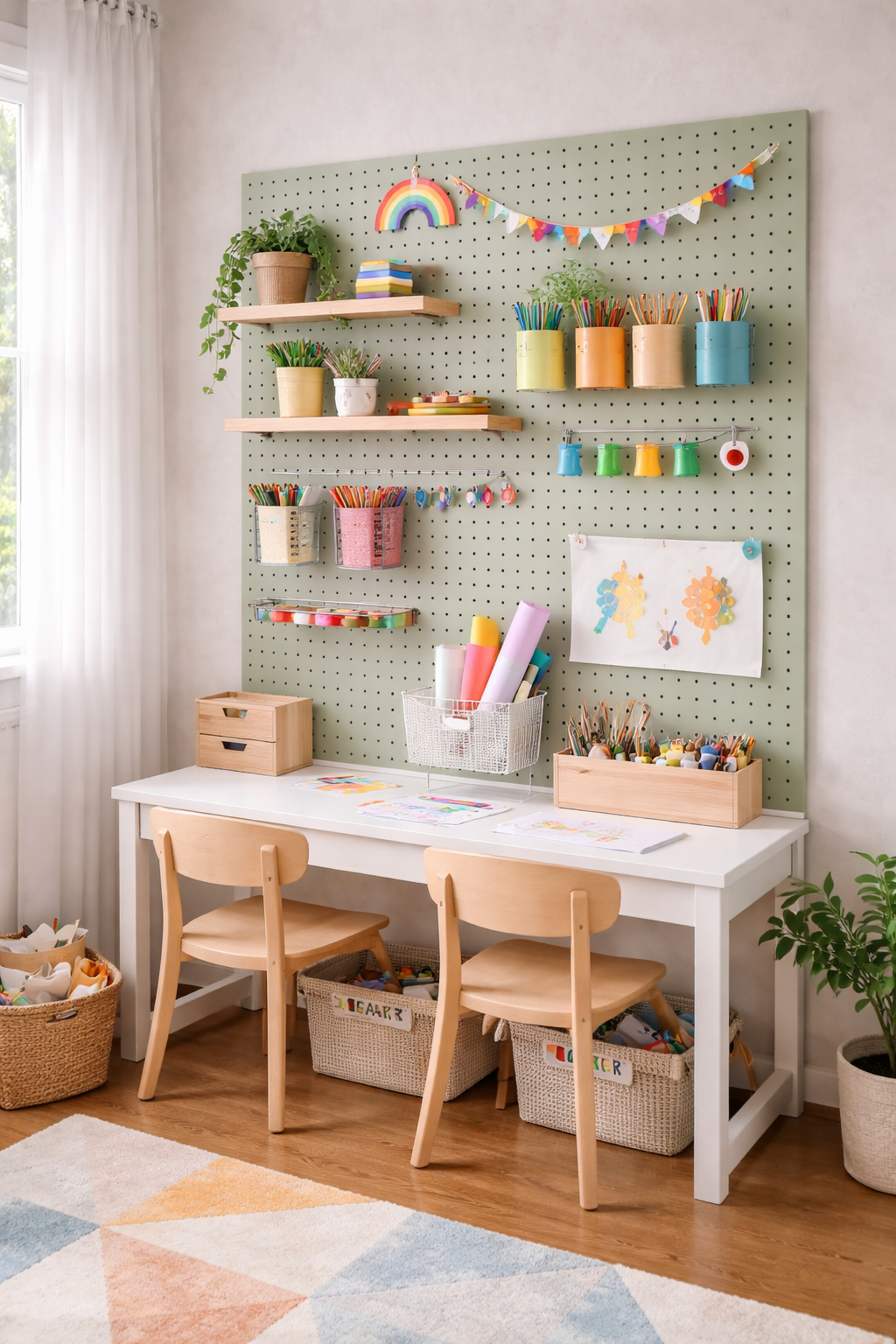 Kids bedroom sage green pegboard wall panel with colorful hooks and organized art supply display