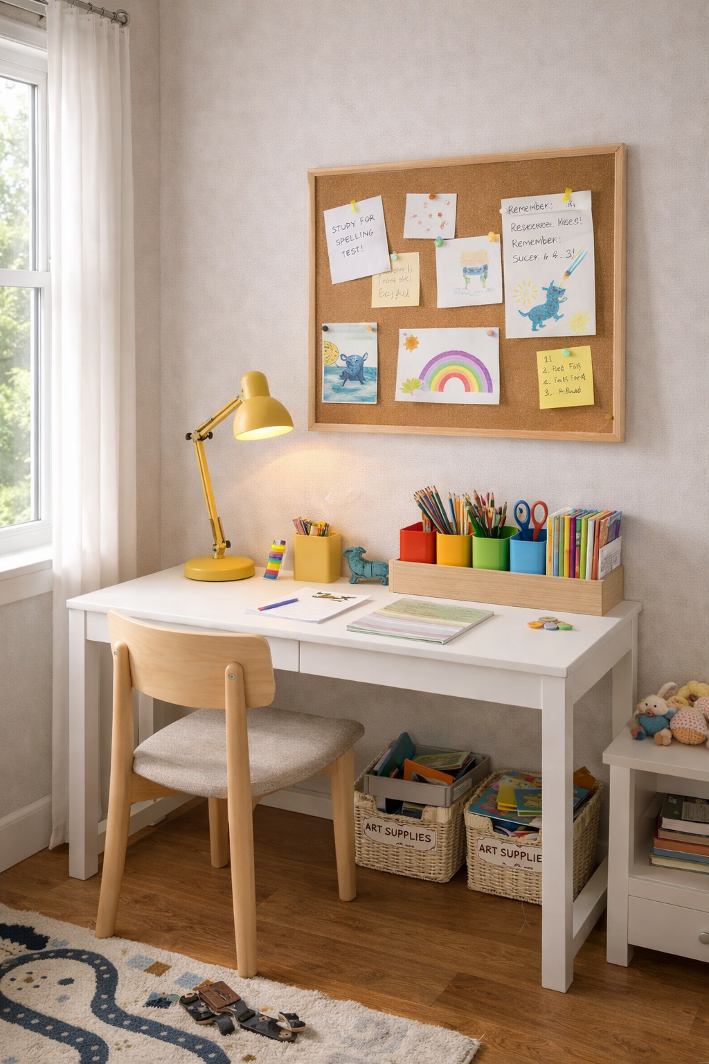 Kids bedroom study corner with compact desk, colorful organizer, corkboard, and bright desk lamp