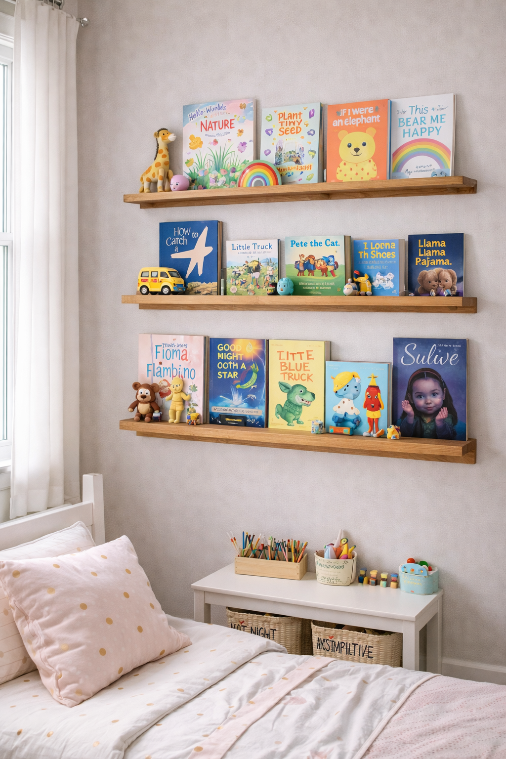 Kids bedroom wall with floating wood shelves displaying face-out books and colorful toy collectibles