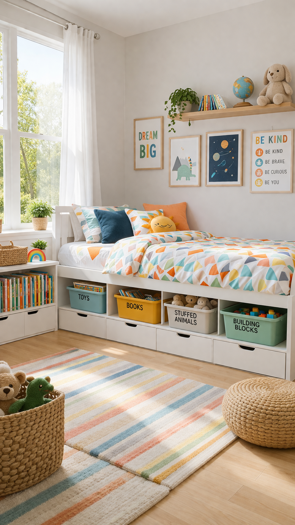 Kids bedroom with bed frame featuring pull-out drawer storage and organized under-bed bins